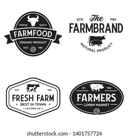 Farmers market logo templates stamps labels badges set. Trendy retro style logotypes, farm natural organic products food, animals, beef, goat, hen and pig silhouettes. Vintage.