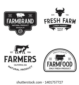 Farmers market logo templates stamps labels badges set. Trendy retro style logotypes, farm natural organic products food, animals, beef, goat, hen and pig silhouettes. Vintage.