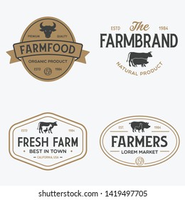 Farmers market logo templates stamps labels badges set. Trendy retro style logotypes, farm natural organic products food, animals, beef, goat, hen and pig silhouettes. Vintage.