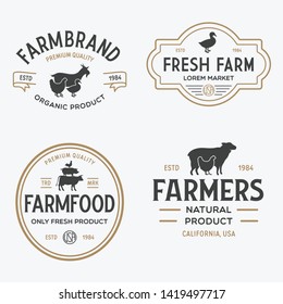 Farmers market logo templates stamps labels badges set. Trendy retro style logotypes, farm natural organic products food, animals, beef, goat, hen and pig silhouettes. Vintage.