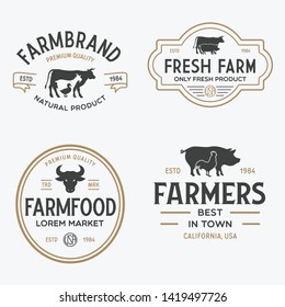 Farmers market logo templates stamps labels badges set. Trendy retro style logotypes, farm natural organic products food, animals, beef, goat, hen and pig silhouettes. Vintage.