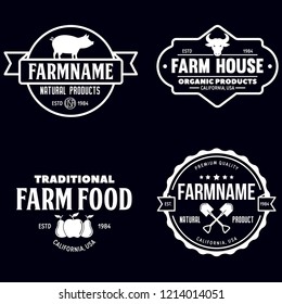 Farmers market logos templates vector objects set. Logotypes or badges design. Trendy retro style illustration, farm natural organic products food, pig and fruits. Vector illustration.