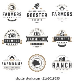 Farmers market logos templates vector objects set. Logotypes or badges design. Trendy retro style illustration, farm natural organic products food, rooster, pig head and ranch silhouettes.