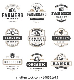 Farmers market logos templates vector objects set. Logotypes or badges design. Trendy retro style illustration, farm natural organic products food, rooster, pig head and ranch silhouettes.