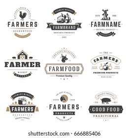 Farmers market logos templates vector objects set. Logotypes or badges design. Trendy retro style illustration, farm natural organic products food, rooster, cow head and mill silhouettes.
