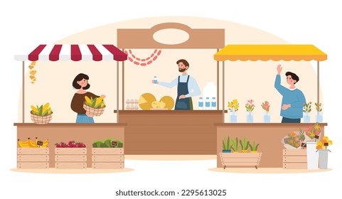 Farmers at market. Men and women with fruits, vegetables and flowers stand behind counter. Small business and local shop or store. Sellers offering products. Cartoon flat vector illustration
