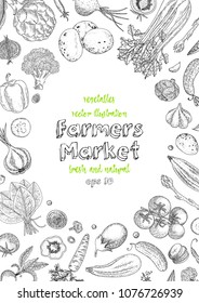 Farmers market menu design template. Vegetarian vintage background with natural organic products. Organic detailed vegetables food poster. Engraved style. Great for menu, banner, label, logo, flyer