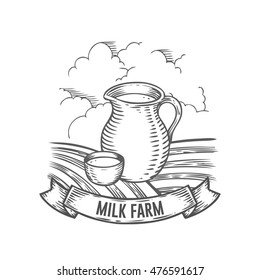 Farmers market milk farm badge. Monochrome vintage engraved milk pot, can, jug fresh organic sign isolated on white background. Sketch hand drawn retro illustration. Ribbon with text