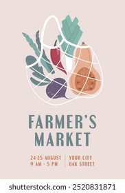 Farmers Market, Organic Farm, Harvest Festival, Agricultural fair banner or poster. Vector flat illustration. Announcement for seasonal agricultural fair isolated. Hand drawn vector banner template