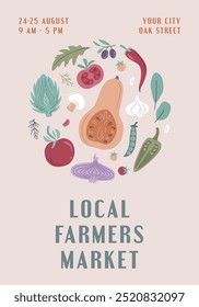 Farmers Market, Organic Farm, Harvest Festival, Agricultural fair banner or poster. Vector flat illustration. Announcement for seasonal agricultural fair isolated. Hand drawn vector banner template