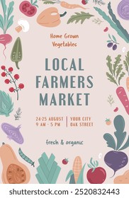 Farmers Market, Organic Farm, Harvest Festival, Agricultural fair banner or poster. Vector flat illustration. Announcement for seasonal agricultural fair isolated. Hand drawn vector banner template