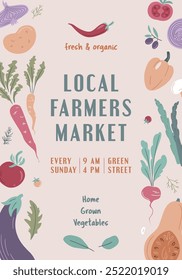 Farmers Market, Organic Farm, Harvest Festival, Agricultural fair banner or poster. Vector flat illustration. Announcement for seasonal agricultural fair isolated. Hand drawn vector banner template