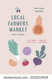 Farmers Market, Organic Farm, Harvest Festival, Agricultural fair banner or poster. Vector flat illustration. Announcement for seasonal agricultural fair isolated. Hand drawn vector banner template