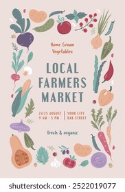 Farmers Market, Organic Farm, Harvest Festival, Agricultural fair banner or poster. Vector flat illustration. Announcement for seasonal agricultural fair isolated. Hand drawn vector banner template