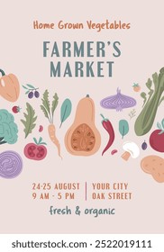 Farmers Market, Organic Farm, Harvest Festival, Agricultural fair banner or poster. Vector flat illustration. Announcement for seasonal agricultural fair isolated. Hand drawn vector banner template