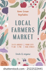 Farmers Market, Organic Farm, Harvest Festival, Agricultural fair banner or poster. Vector flat illustration. Announcement for seasonal agricultural fair isolated. Hand drawn vector banner template