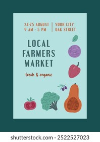 Farmers Market, Organic Farm, Harvest Festival, Agricultural fair banner or poster in bright colors. Vector flat illustration. Announcement for seasonal agricultural fair. Hand drawn banner template