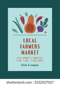 Farmers Market, Organic Farm, Harvest Festival, Agricultural fair banner or poster in bright colors. Vector flat illustration. Announcement for seasonal agricultural fair. Hand drawn banner template