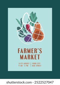 Farmers Market, Organic Farm, Harvest Festival, Agricultural fair banner or poster in bright colours. Vector flat illustration. Announcement for seasonal agricultural fair. Hand drawn banner template