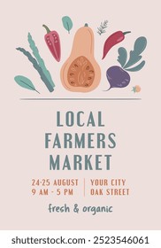 Farmers Market, Organic Farm, Harvest Festival, Agricultural fair banner or poster. Vector flat illustration. Announcement for seasonal agricultural fair isolated. Hand drawn vector banner template