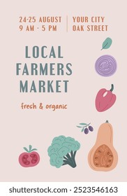 Farmers Market, Organic Farm, Harvest Festival, Agricultural fair banner or poster. Vector flat illustration. Announcement for seasonal agricultural fair isolated. Hand drawn vector banner template