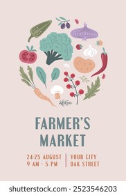 Farmers Market, Organic Farm, Harvest Festival, Agricultural fair banner or poster. Vector flat illustration. Announcement for seasonal agricultural fair isolated. Hand drawn vector banner template