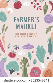 Farmers Market, Organic Farm, Harvest Festival, Agricultural fair banner or poster. Vector flat illustration. Announcement for seasonal agricultural fair isolated. Hand drawn vector banner template