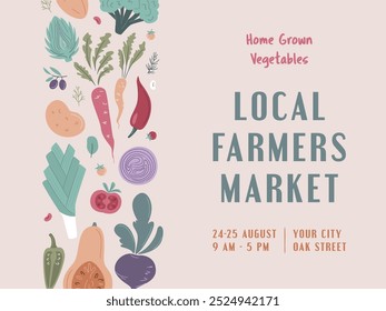 Farmers Market, Organic Farm, Harvest Festival, Agricultural fair banner or poster. Vector flat illustration. Announcement for seasonal agricultural fair isolated. Hand drawn vector banner template