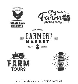 Farmers Market, organic food, eco badges set. Local product label designs. Farm fresh insignias. Typographic ecology logo in black style. Isolated on white. Vector patches