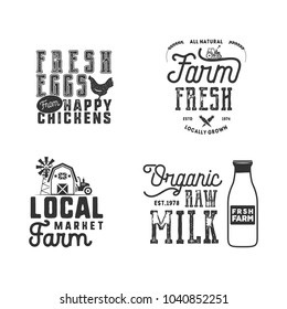 Farmers Market, organic food logo, eco badges set. Fresh and Local product label designs. Isolated on white background. Vector patches.