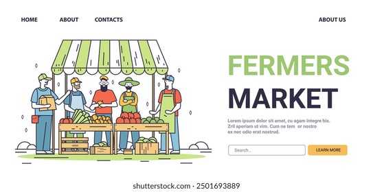 Farmers market organic produce stall people. Group of farmers at a market stand with fresh vegetables and fruits green canopy minimalistic line art style