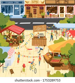 Farmers market, people at fair counters sellers standing behind stall with fresh homemade farm food products outdoor vector Illustration. Farm festival in town with buildings and organic shops fair.