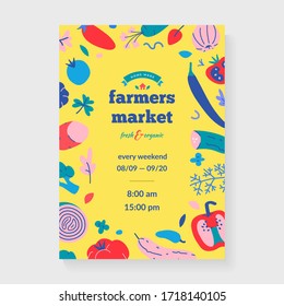 Farmer's market placard, layout for banner or poster with food illustration for agricultural fair selling organic fruit and vegetables, modern bright color design, announcement ad for farmhouse