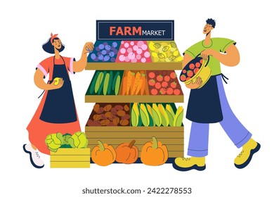 Farmers market place with fruits and vegetables. Man and woman sellers behind counters with natural eco products