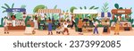 Farmers market place with local farm food. Customers and sellers, vendors behind stalls with fresh vegetables, meat, organic products. People at outdoor marketplace panorama. Flat vector illustration