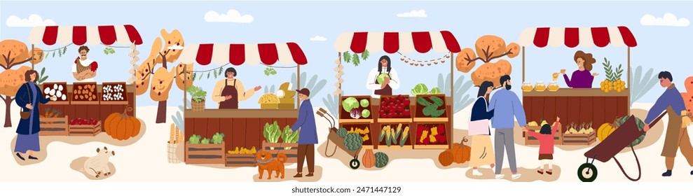 Farmers market place with local farm food. Customers and sellers, vendors behind stalls with fresh vegetables, fruits, honey, organic products. People at outdoor marketplace panorama.