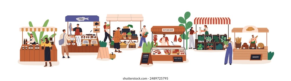 Los agricultores comercializan productos agrícolas locales. Feria de agricultura, mercado. Personas comprando productos orgánicos nacionales en puestos de venta. Ilustración vectorial gráfica plana aislada sobre fondo blanco