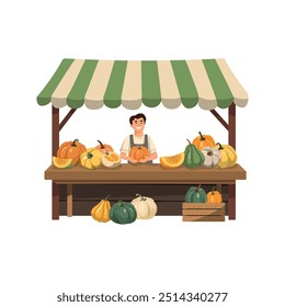 Farmers market place with local farm food. The vendor behind the stall with fresh pumpkins. Flat vector illustration. Isolated on white background