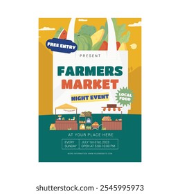 Farmers market place with local farm food. Customers and sellers, vendors behind stalls with fresh vegetables, meat, organic products. Flat vector illustration