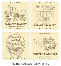 Farmer's market poster. Basket, cart and cornucopia of vegetables. Farmers market poster collection. Vector banner templates with inscription for local food fair. 