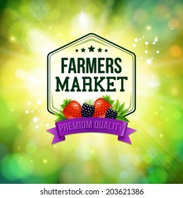 Farmers market poster. Blurred background with shining sun. Typography design. Vector illustration.