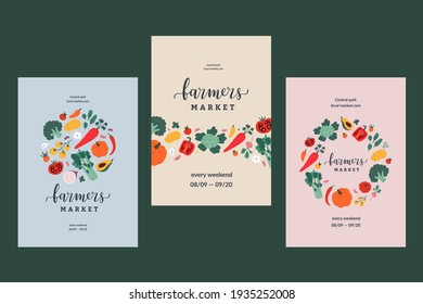 Farmers market poster collection, illustrated pre-made designs, vector banner templates with lettering for local food fair, hand drawn illustrations of vegetable harvest