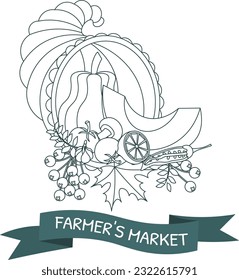 Farmer's market poster. Cornucopia with vegetables and an award ribbon with an inscription. Farmers market poster collection. Vector banner templates with inscription for local food fair. 