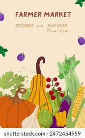 Farmers market poster design card. Fresh local vegetables in trendy flyers for food festival. Promo concept for veggie farm bazaar.