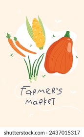 Farmers market poster design. Fresh organic vegetables. Farm shop flyer

