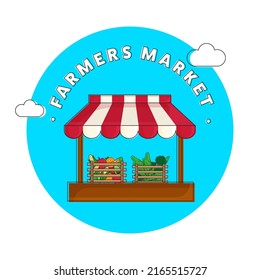 Farmer's Market Poster Design With Grocery Store Or Shop On Blue And White Background.