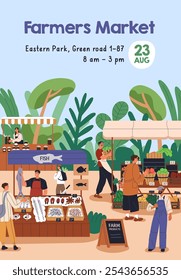 Farmers market, poster design. Local farm fair, festival with natural food, organic produce. Outdoor marketplace, promotion card, flyer, vertical banner background template. Flat vector illustration