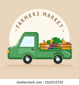 Farmers Market Poster Design With Pickup Truck Loaded By Veggies Food On Light Brown Background.