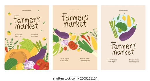 Farmers market poster design set. Fresh local vegetables in trendy flyers for food festival. Promo concept for veggie farm bazaar.