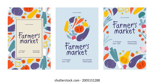 Farmers market poster design set. Fresh local vegetables in trendy flyers for food festival. Promo concept for veggie farm bazaar.